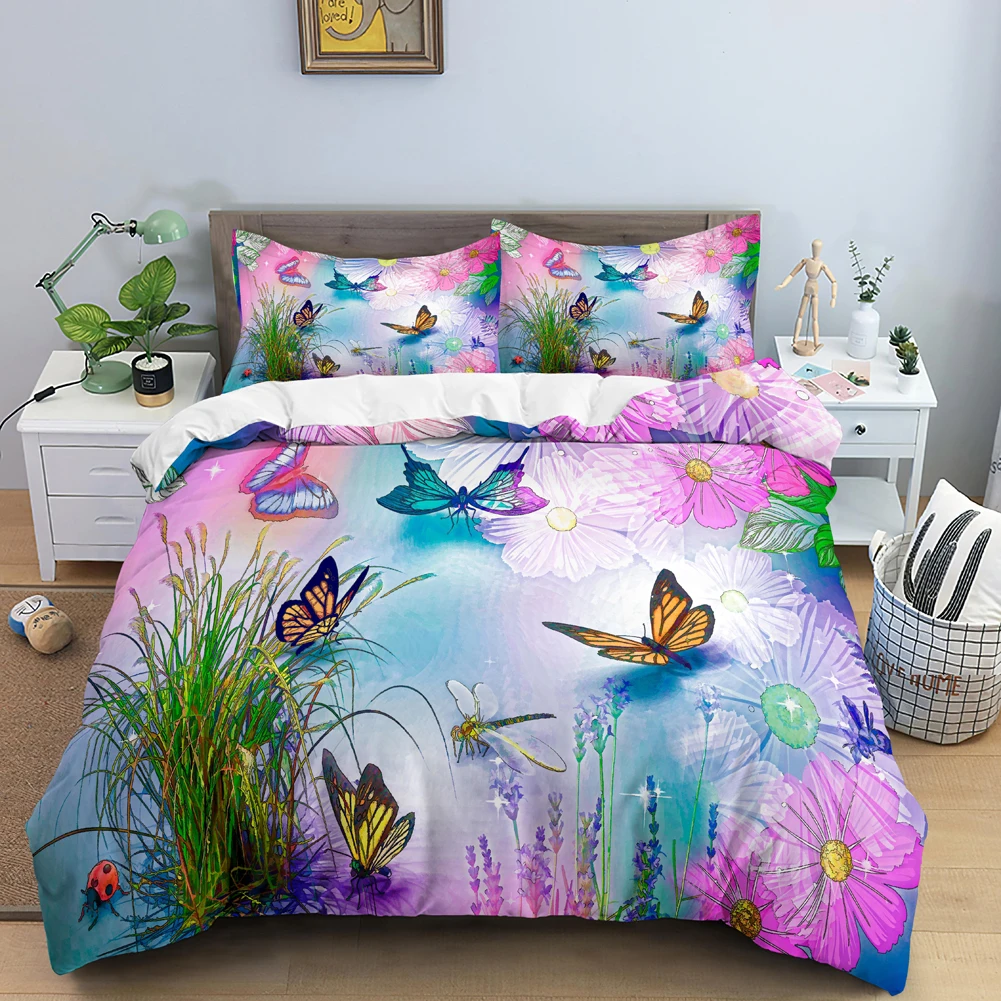 Duvet Cover Sets With Zipper - Ensemble de literie papillon fleur 3D